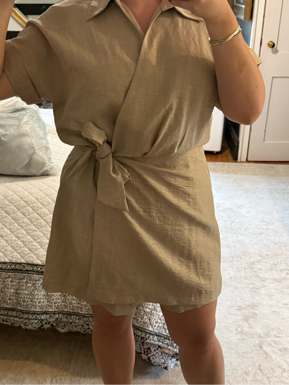 Emma & Michele Taupe Tie-Waist Mini Dress